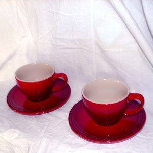 PAIR LE CREUSET CAPPUCCINO CUP & SAUCERS ~ CERISE